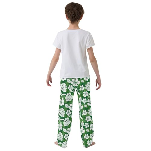 Palm Leaf Hibiscus Flower Boys Long Pants Soft Trousers Elastic Waist Kids Lounge Bottoms with Pockets S-XL3