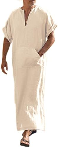 COOFANDY Men's V-Neck Linen Robe Short Sleeve Kaftan Thobe Long Gown Casual Shirt for Beach, Summer Light Khaki