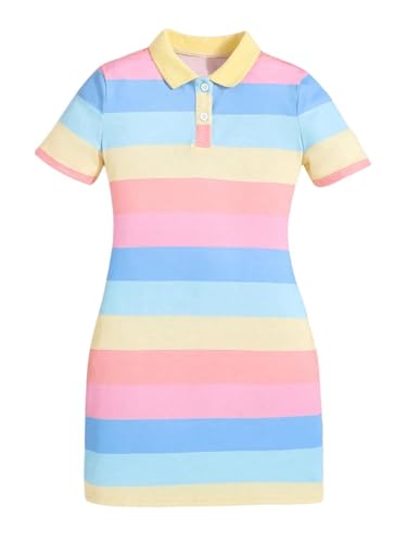 SOLY HUX Girl's Color Block Striped T Shirt Dress Short Sleeve Collared Fitted Cute Short Dresses