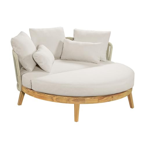 Christopher Knight Home Martin Acacia Wood Round Outdoor Daybed with Cushion, Solid Wood Patio Round Daybed with Rope Woven Accent, Patio Outdoor Sofa Bed, Teak+Beige by Christopher Knight Home - Image 4