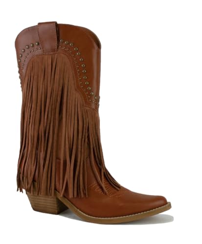 Women's Fringe Western Boots, Gold, Pointed Toe, Chunky Heel, Mid Calf, Cowgirl Boots
