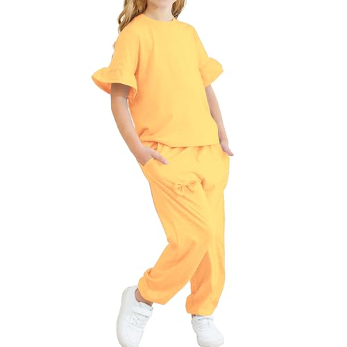Image of Kids Girls Outfits Ruffle Sleeve T-Shirt Pants Set 2Piece 4-13 Years