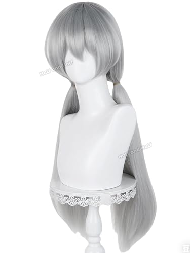 Image of Half and Half Silver Gray Ponytail Anime Cosplay Wig with Bangs 29.5'' Long Dark Gray Pigtail Twin Tail Wigs for Women Party Costumes Halloween