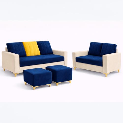 Image of Hakuna Dual Tone Plush Velvet 3 Seater + 2 Seater Sofa Set with 2 Ottoman | Silken Velvet Suede Upholstery | Designer Sofa for Living Room & Office Spaces (Dark Blue & Cream)
