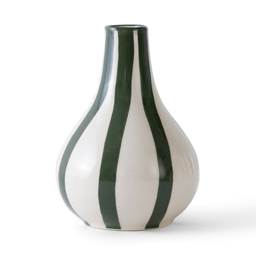 Image of PUREZENTO Green & White Striped 'Tulip Bud' Ceramic Vase 6 Inch (Pack of 1) | Unique Modern Bud Vase for Dried Flowers & Pampas Grass | Vases for Modern Home Decor, Living Room & Office Decor Ideas