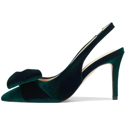 Moloershow Women's Slingback Heels with Bow Pointed Toe Pumps with Elasticated Strap 3.3" High Kitten Heels for Cute Weddings Bride Shoes Velvet Emerald Dark Green Size 9.5 — view 3
