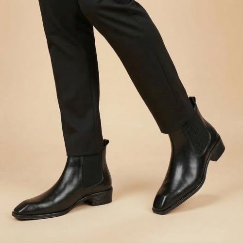 Image of Hayes London Chelsea Boots for Man | Crust Leather Black Ankle Boots | Cuban Heel Pointed Toe Stylish Formal & Casual Boots for Men | Slip-On Elastic Side Panel