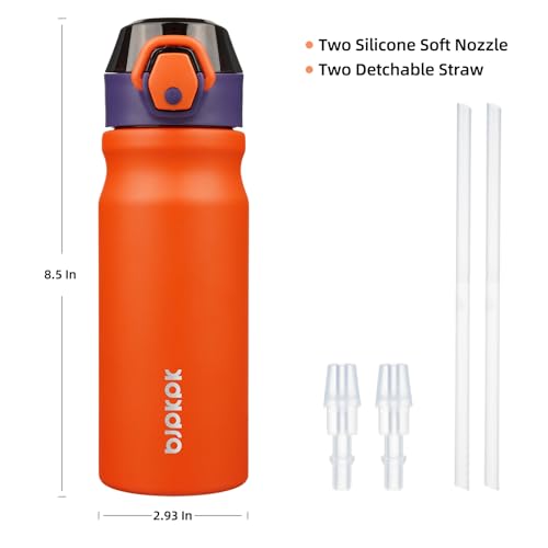 Image of BJPKPK 18 oz Water Bottle with Straw & Handle, Insulated Stainless Flask | Leak Proof Locking Lid, Thermal, Double Wall Vacuum, Keeps Hot /Cold, BPA Free, Dishwasher Safe, Travel & Sports, Orange