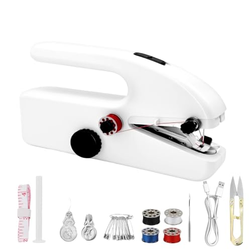 MEESOGA Mini máquina de coser a mano eléctrica, mini máquina de coser portátil con 2 modos y accesorios de costura, ligera y fácil para principiantes, reparaciones rápidas en cortinas de ropa (blanco)
