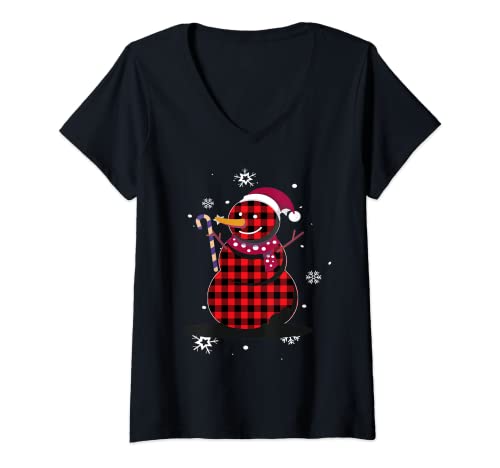 Mujer Red Plaid Snowman Christmas Buffalo Matching Family Pajama Camiseta Cuello V