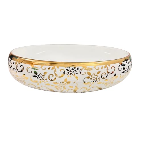 Image of Wallace Designer Oval Table Top Wash Basin White & Gold 60x40x15 cm | Premium Ceramic Countertop Vessel Sink with Floral Pattern | Luxury Over Counter Bathroom Basin