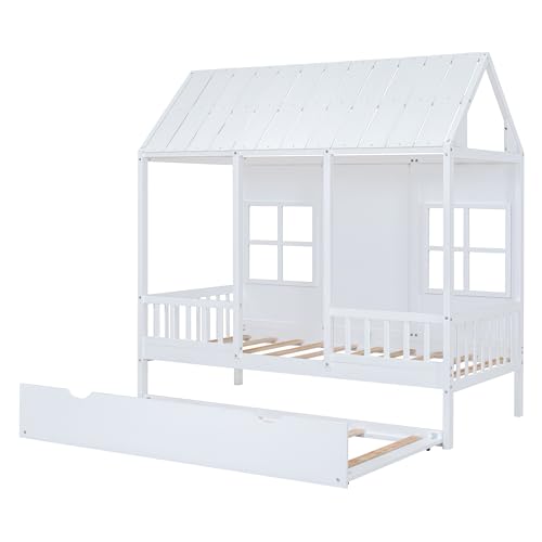 Image of Twin House Beds with Trundle for Kids Montessori Bed Wood Playhouse Tent Bed Frame for Girls Boys, Twin Size , White