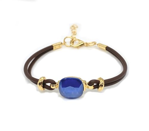 Pulsera de caucho marrón y cristal Swarovski elements, base dorada chapada en oro 18k, tamaño ajustable del 16 a 20cms. (Azul) Pulsera de caucho marrón y cristal Swarovski elements, base dorada chapada en oro 18k, tamaño ajustable del 16 a 20cms. (Azul)