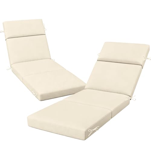 VOGVOG 2 Pack Outdoor Chaise Lounge Cushions 72x21x3 4-Section Folding Patio Chair Pads with Ties Waterproof Fade Resistant Replacement Cushion for Pool Deck Patio (Beige 2 Pcs)