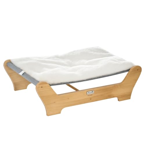 PawHut Cuccia per Gatti da Interno con Cuscino in Peluche Rimovibile e Telaio in Legno, 68x43x20cm, Bianco e Grigio