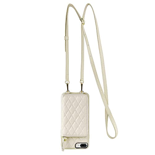 Lameeku Wallet Case Compatible With Iphone 7 Plus, Iphone 8 Plus Quilted Leather Wallet Case For Women Zipper Purse Case Shockproof Case For Iphone 8 Plus 7 Plus 5.5"-Beige #TOP5