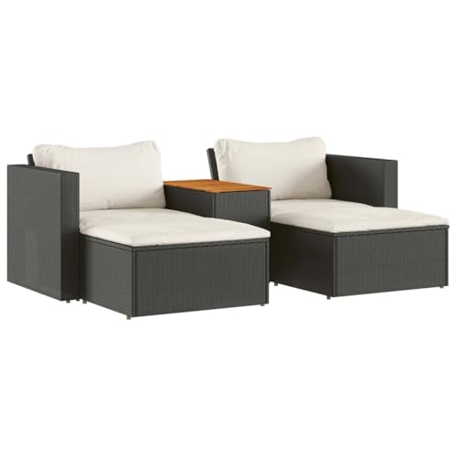 vidaXL Garden Sofa Set-Poly Rattan Outdoor Couch w/Cushions, Acacia Table-Black Modular Lounge Furniture for Patio, Deck