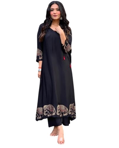 Image of Women's Rayon Embroidered Straight Kurti with Pant Set