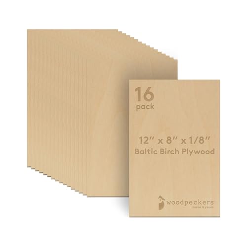 3 mm Baltic Birch Plywood 1/8 x 8 x 12 Inch, Box of 16 B/BB Grade Craft Wood, Stronger Than Basswood Sheets, for Laser, CNC Cutting and Wood Burning, by Woodpeckers