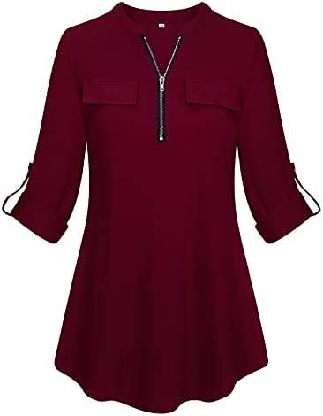 Tanst Sky Plus Size Tops for Women, Ladies Semi Formal Red Tunic Shirts Basic Solid Color 3/4 Sleeve Blouses Winter Half Zip Pullover Outfits Loose Maternity Clothes Wine Red 3XL