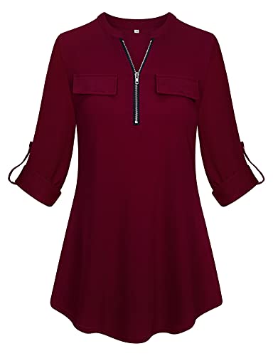 Tanst Sky Plus Size Tops For Women, Ladies Semi Formal Red Tunic Shirts Basic Solid Color 3/4 Sleeve Blouses Winter Half Zip Pullover Outfits Loose Maternity Clothes Wine Red 3Xl #TOP14