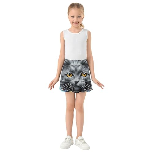 Funny Athletic Shorts Girls Skorts Tennis Skirts for Kids Flowy Skirt Cute Cat Blue Purple Flowers 4t3