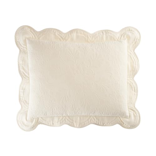 Image of Charleston Estate Modern Farmhouse Floral Matelasse Decorative Pillowcase with Scalloped Edges, 100% Cotton Breathable Bedding, Standard Sham (20 inch x 26 inch), Ivory Floral