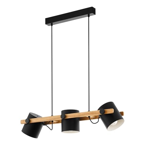 EGLO lámpara colgante Hornwood, lámpara de techo de 3 focos de estilo vintage en diseño industrial, lámpara colgante retro de acero y madera, negro, crema, marrón, E27, certificado FSC