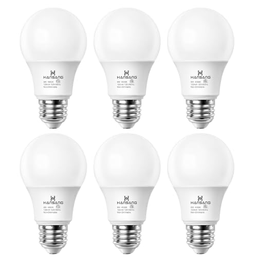 hansang A19 LED Light Bulbs, 60W Equivalent, 4000K Natural White LED Bulb with E26 Standard Base, Efficient 9W, Non-Dimmable, 800 Lumens, 120V, CRI 85, Eye-Friendly for Bedroom Living Room, 6 Pack