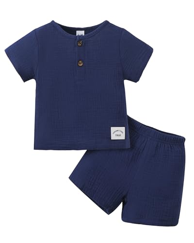 Image of Jecson Toddler Boy Summer Outfits Cute Baby Boy Outfits 2 Piece Set Crew Neck Button Top and Solid Shorts 6M-3T