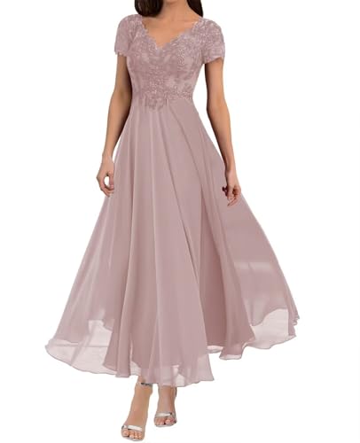 Mother of The Bride Dresses Petite Length Lace Appliques Formal Evening Party Prom Gown Chiffon Short Sleeve A-Line Dusty Rose 14 DR0201R JS