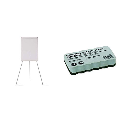 Bi-Office Pizarra Magnética con Caballete de Trípode Basic, 70 x 100 cm, Rotafolios con Marco Gris, con Bandeja y Clip Ajustable para Bloques + AA0105, Borrador magnético ligero, para pizarra blanca