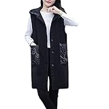 Women Long Sleeveless Button Up Hooded Denim Vest Plus Size Big Pockets Print Jacket Waistcoat Black XXL