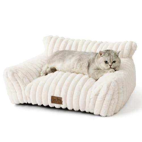COZY KISS Großes Katzenbett im Cord-Design 65x44x30cm für Katzen und Kleine Hunde, Kuscheliges Katzensofa und Hundebett, Weiches Kunstfell, Kopf- und Nackenstütze, rutschfest und Waschbar, Creme COZY KISS Großes Katzenbett im Cord-Design 65x44x30cm für Katzen und Kleine Hunde, Kuscheliges Katzensofa und Hundebett, Weiches Kunstfell, Kopf- und Nackenstütze, rutschfest und Waschbar, Creme