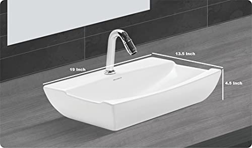 Image of Wash Basin Table Top Over Counter Vessel Sink Glossy Finish White Sink for Bathroom (19 x 13.5 x 4.5 Inch)