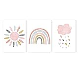 Impresión de lienzo para niños, dibujos animados rosa, nube, sol, arcoíris, arte de pared, póster de guardería, nórdico para bebés, imágenes de decoración para habitación de niños, 20x30cmx3 sin marco