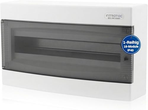 Intratec Sicherungskasten Aufputz 1 reihig – IP40 Verteilerkasten Aufputz Gehäuse für 18 Module mit transparenter Tür für einfache Installation Zuhause & Gewerbe – 236 x 396 x 112 mm