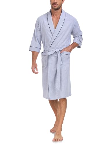 EA'S SECRET 100% Cotton Mens Lightweight Robe Summer Short Sleeve Bathrobe Soft Knee Length Robe with Pockets (Grey, L)
