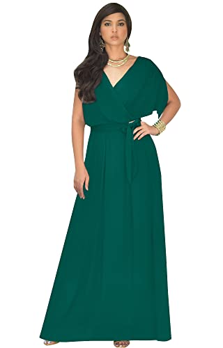 KOH KOH Womens Long Semi-Formal Short Sleeve V-Neck Full Floor Length V-Neck Flowy Cocktail Wedding Guest Party Bridesmaid Maxi Dress Dresses Gown Gowns, Emerald Green M 8-10