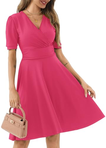 Image of Women's Summer Casual Dress Short Sleeve Wrap V-Neck A-Line Dress Sundress Wedding Guest Cocktail Midi Dresses