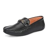 BADLAV Boys Casual Leather Loafers, Tan Black, Slip-On Driving Moccasins with Metal Buckle Detail (BM-8004) (Black-03)