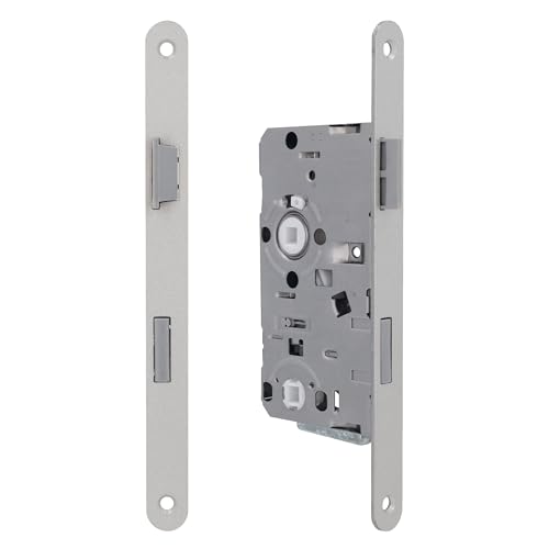 lockzz WC-Einsteckschloss Badtür DIN Links Badschloss 55mm Dornmaß Made in Germany Kunststoff-Falle & Riegel Leise DIN 18251-1 Stulp 20x235mm abgerundet Silber