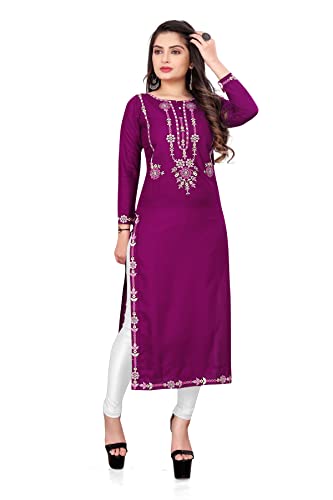 Image of Women's Rayon Embroidered Straight Kurti Under 499 Designer Attractive Look Women's Kurta