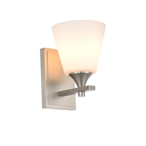 Image of Brushed Nickel Wall Sconce Light, American Sconces Wall Lighting, Traditional 1 Light Bathroom Vanity Lighting with Opal Glass Shade, Wall Light for Bedroom Bathroom Living Room Entryway Hallway