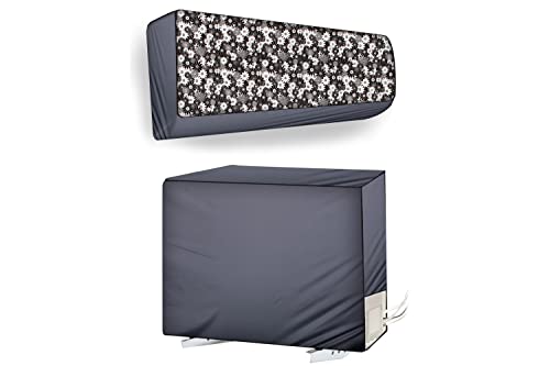 Image of The Furnishing Tree Split AC cover for indoor and outdoor unit of 2 ton waterproof and dustproof Grey and White Floral pattern