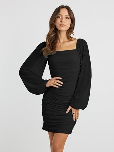 Image of MASCOMODA Women Elegant Square Neck Lantern Long Sleeve Mini Ruched Bodycon Dress Stretch Mesh Slim Party Cocktail Dresses
