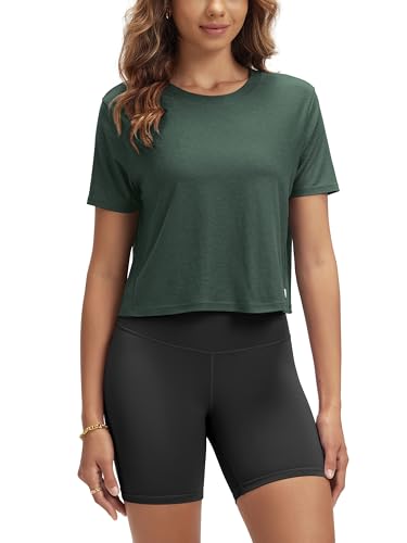 ODODOS Women's Performance Cropped Tee Ultra Soft Stratum Tech Short Sleeve Relaxed Top Crew Neck T-Shirts