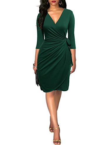 Berydress Women's Classic 3/4 Sleeve V Neck Sheath Casual Party Work Faux Black Wrap Dress (L, 6083-Dark Green) #TOP2