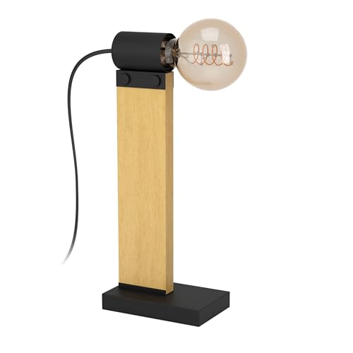 EGLO Tischlampe Bailrigg, rechteckige Tischleuchte, FSC100HB, Wohnzimmerlampe aus Holz in Natur und Metall in Schwarz, Nachttischlampe mit E27 Fassung