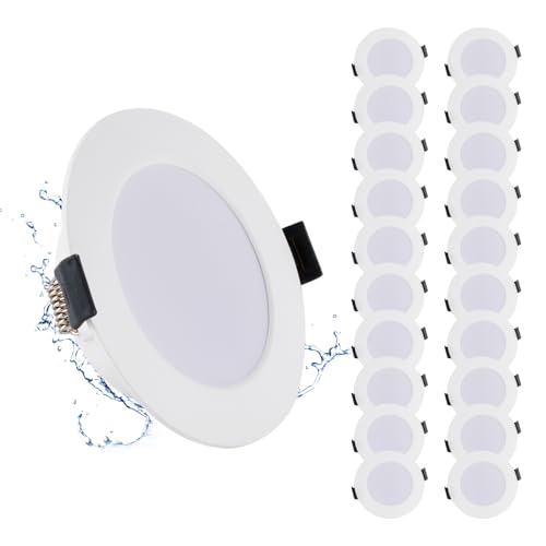 Grebbeam   20 focos LED empotrables de techo de 5 W, 230 V, IP44, 450 lm, blanco frío, 6000 K, diámetro de agujero de 75 90 mm, para baño, cocina, sala de estar